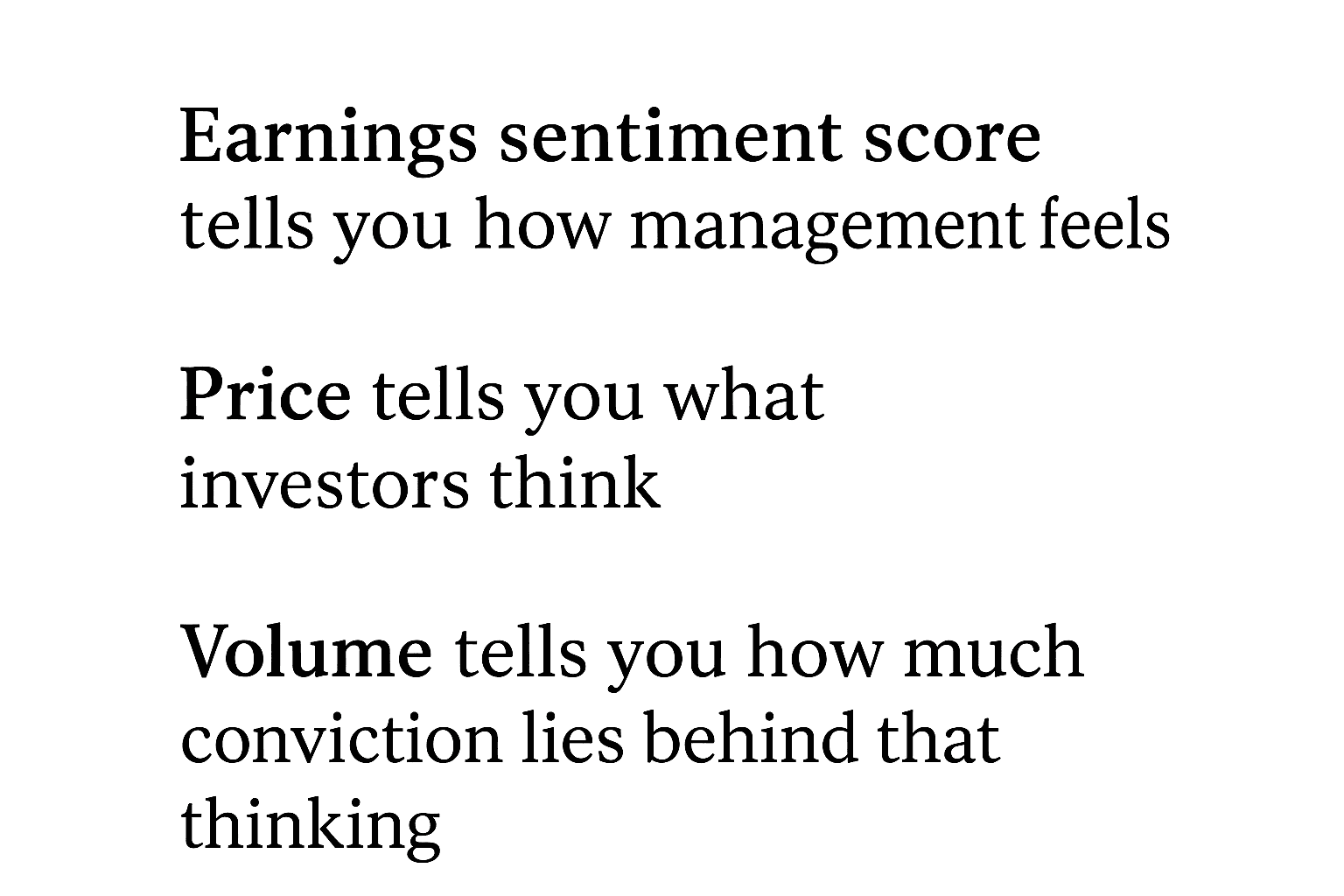 Three-layer trading signal framework combining earnings sentiment score, price action, and trading volume