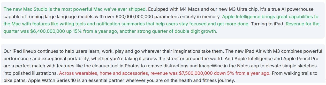 Apple's Q2 2025 earnings call transcript with positive (text in green) and negative cues (text in red)