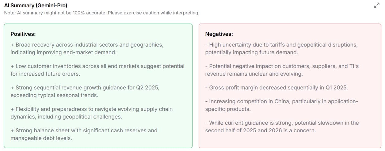 AI-powered transcript summary outlining key positives and negatives
