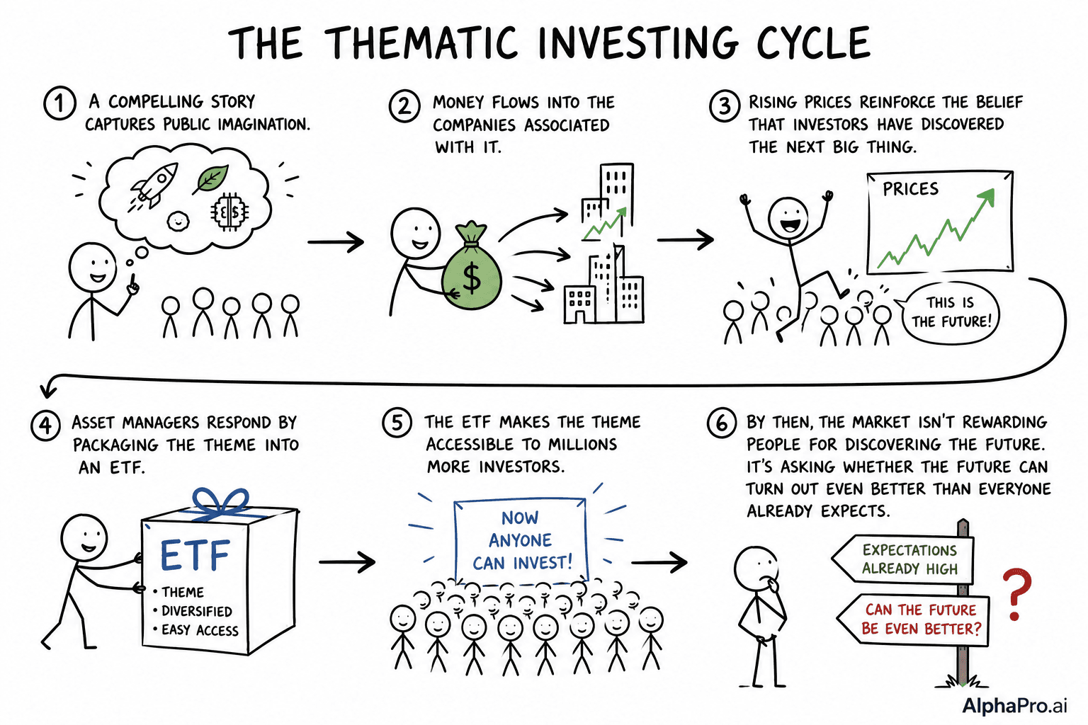 Illustration of investors rushing into a popular investment theme after it has already gone mainstream